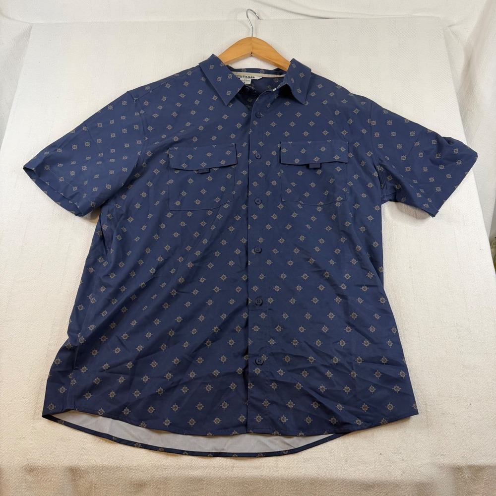 Voyager Mens Navy Blue Compass Rose Print Short Sleeve Button Down Shirt Large